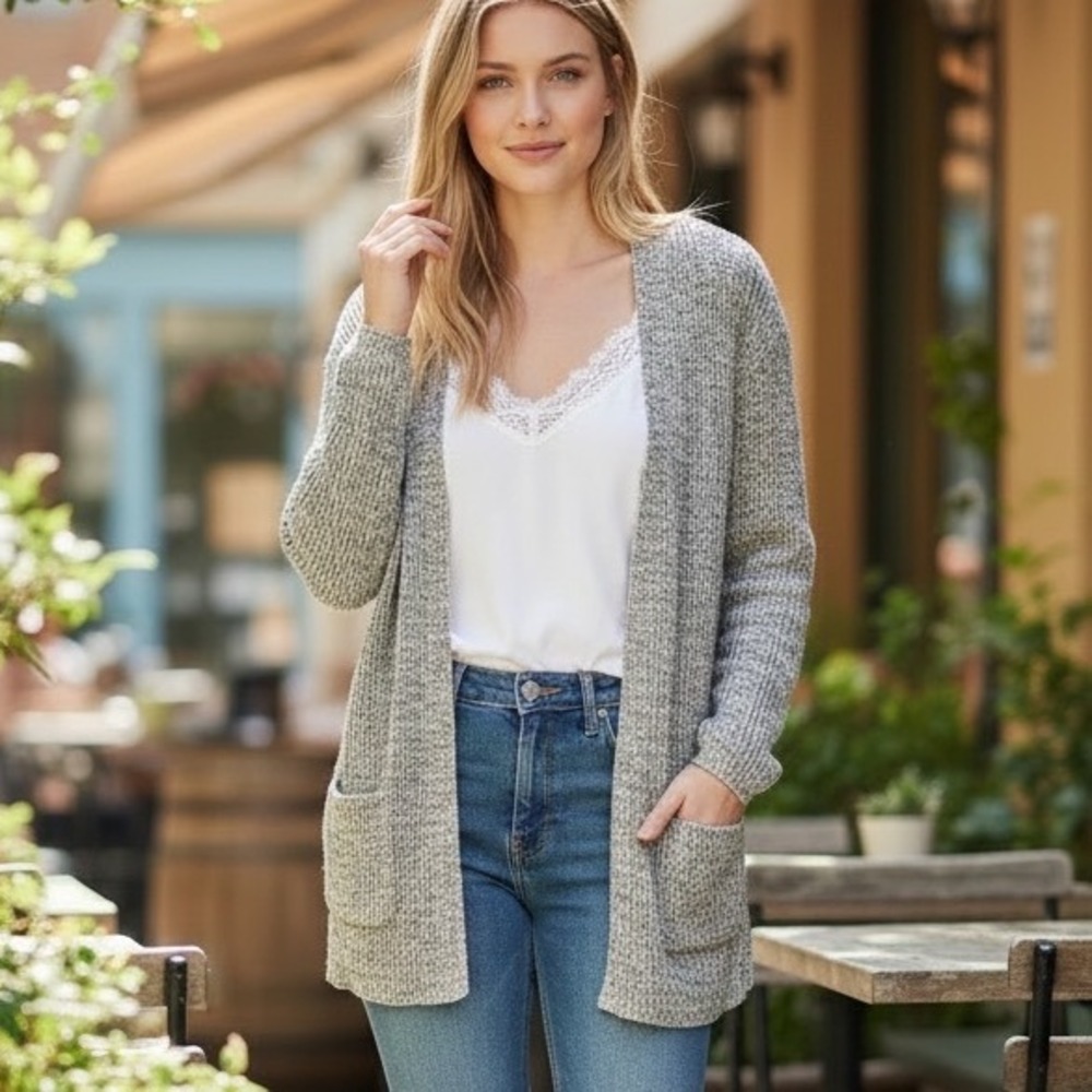 Madewell Marled Grey Cotton Linen Open Front Cardigan Sweater Coastal‎ Preppy XS
